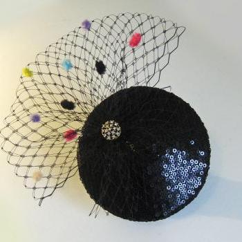 Sequin cocktail hat tutti fruitti veil.